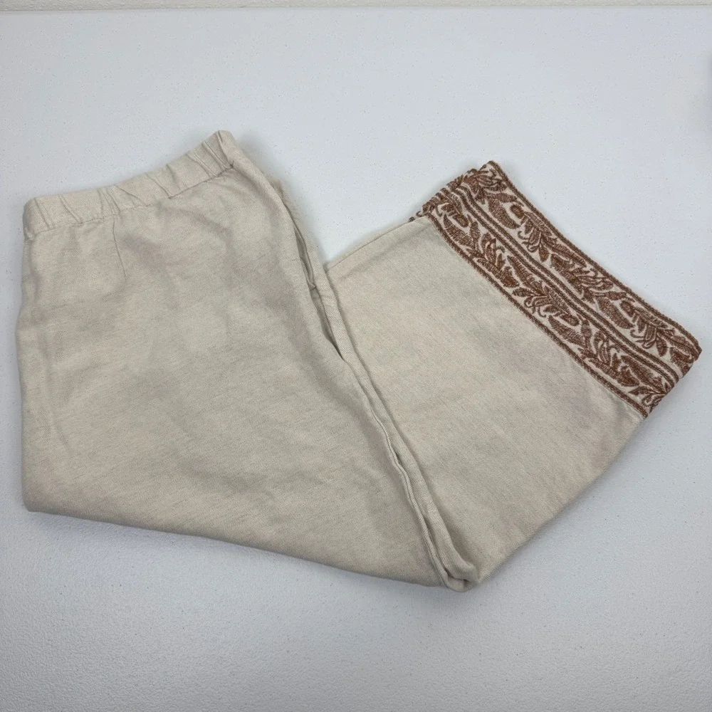 J. Jill Linen Blend Wide Leg Crop Pants Oatmeal Brown Embroidered‎ Hem Large P